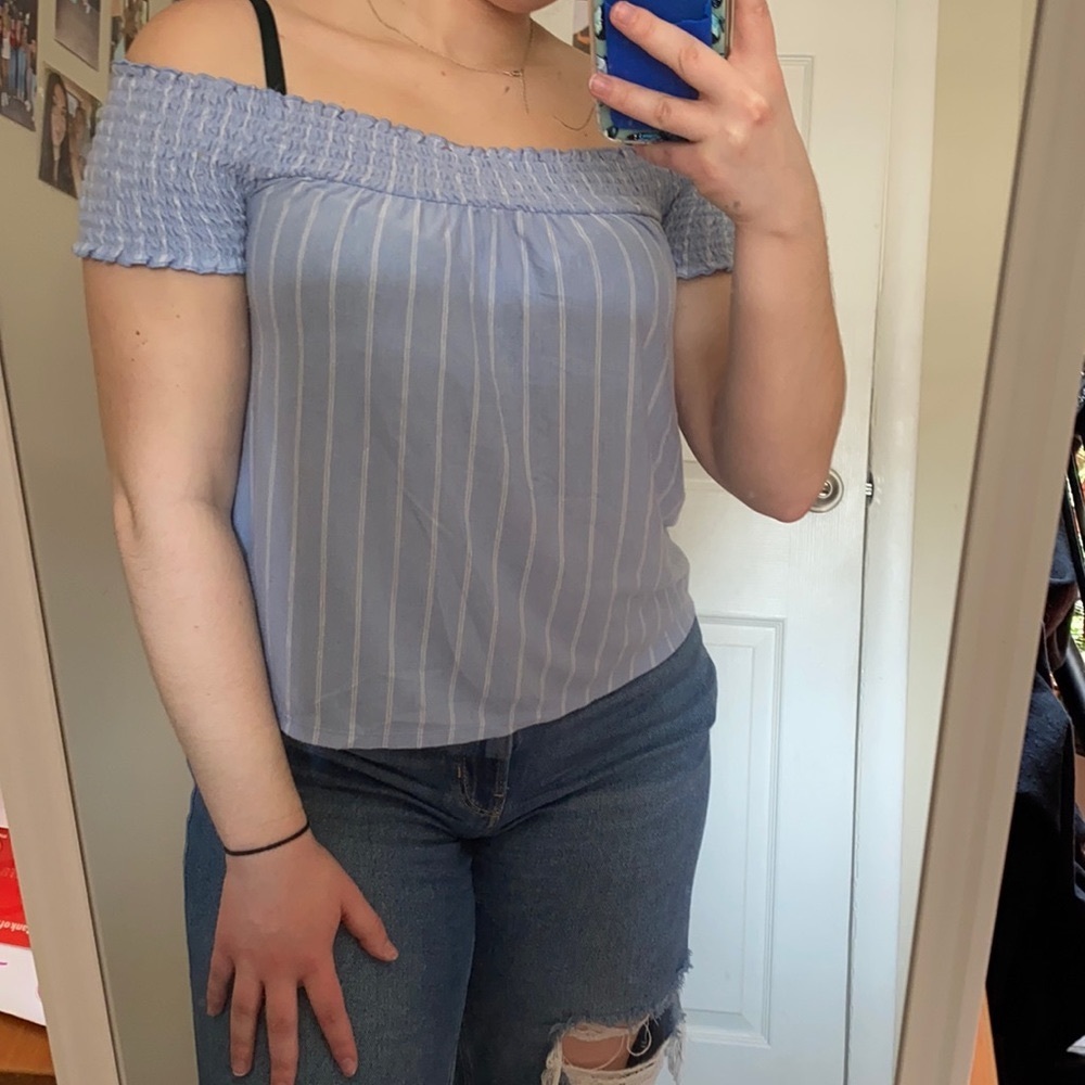 Blue and white striped, off the shoulder tank top